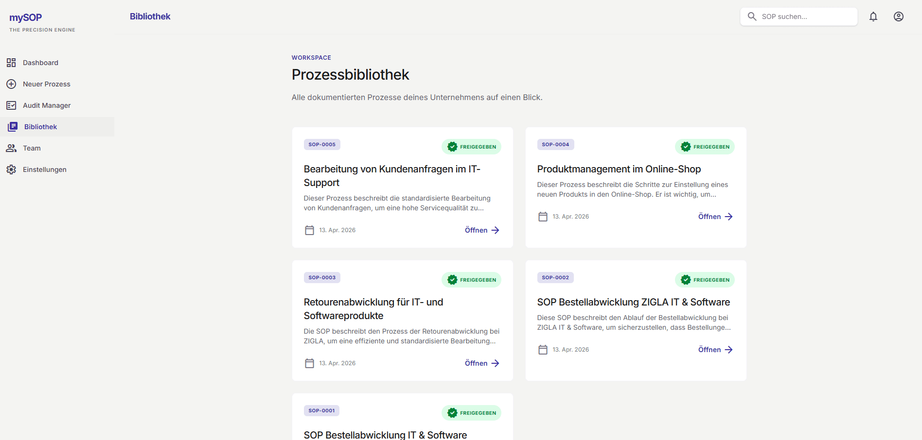 Soptimize Prozessbibliothek Dashboard
